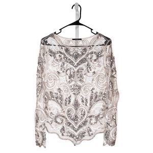 Forever 21 Womens Blouse Beige White Sequin Stretch Sheer Long Sleeve Top Small